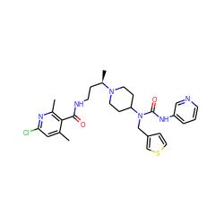 Cc1cc(Cl)nc(C)c1C(=O)NCC[C@@H](C)N1CCC(N(Cc2ccsc2)C(=O)Nc2cccnc2)CC1 ZINC000095556452