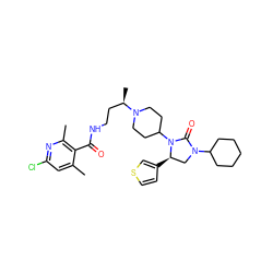 Cc1cc(Cl)nc(C)c1C(=O)NCC[C@@H](C)N1CCC(N2C(=O)N(C3CCCCC3)C[C@H]2c2ccsc2)CC1 ZINC000096285385