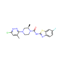 Cc1cc(Cl)nnc1N1CCN(C(=O)Nc2nc3ccc(F)cc3s2)[C@H](C)C1 ZINC000003986655