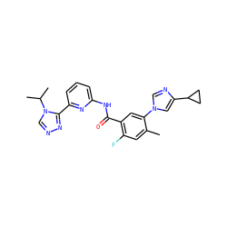 Cc1cc(F)c(C(=O)Nc2cccc(-c3nncn3C(C)C)n2)cc1-n1cnc(C2CC2)c1 ZINC000149387856