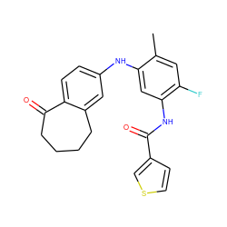 Cc1cc(F)c(NC(=O)c2ccsc2)cc1Nc1ccc2c(c1)CCCCC2=O ZINC000095579732