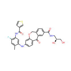 Cc1cc(F)c(NC(=O)c2ccsc2)cc1Nc1ccc2c(c1)OCc1ccc(C(=O)NC[C@H](O)CO)cc1C2=O ZINC001772616762