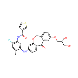 Cc1cc(F)c(NC(=O)c2ccsc2)cc1Nc1ccc2c(c1)OCc1ccc(OC[C@H](O)CO)cc1C2=O ZINC000103292952