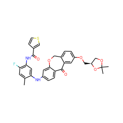 Cc1cc(F)c(NC(=O)c2ccsc2)cc1Nc1ccc2c(c1)OCc1ccc(OC[C@H]3COC(C)(C)O3)cc1C2=O ZINC000103292949