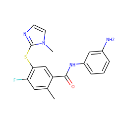 Cc1cc(F)c(Sc2nccn2C)cc1C(=O)Nc1cccc(N)c1 ZINC000084758411