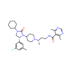 Cc1cc(F)cc([C@@H]2CN(C3CCCCC3)C(=O)N2C2CCN([C@@H](C)CCNC(=O)c3c(C)ncnc3C)CC2)c1 ZINC000096285356