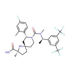 Cc1cc(F)ccc1[C@H]1C[C@@]2(CCN1C(=O)N(C)[C@H](C)c1cc(C(F)(F)F)cc(C(F)(F)F)c1)CC[C@@](C)(C(N)=O)N2 ZINC000168612919