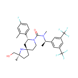 Cc1cc(F)ccc1[C@H]1C[C@@]2(CCN1C(=O)N(C)[C@H](C)c1cc(C(F)(F)F)cc(C(F)(F)F)c1)CC[C@@](C)(CO)N2 ZINC000116166433