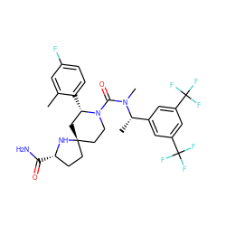 Cc1cc(F)ccc1[C@H]1C[C@]2(CC[C@H](C(N)=O)N2)CCN1C(=O)N(C)[C@@H](C)c1cc(C(F)(F)F)cc(C(F)(F)F)c1 ZINC000140584782