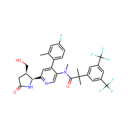 Cc1cc(F)ccc1-c1cc([C@H]2NC(=O)C[C@H]2CO)ncc1N(C)C(=O)C(C)(C)c1cc(C(F)(F)F)cc(C(F)(F)F)c1 ZINC000073138541