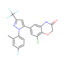 Cc1cc(F)ccc1-n1nc(C(F)(F)F)cc1-c1cc(Cl)c2c(c1)NC(=O)CO2 ZINC000073197628