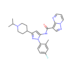 Cc1cc(F)ccc1-n1nc(C2CCN(C(C)C)CC2)cc1NC(=O)c1cnn2cccnc12 ZINC000145867563