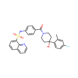 Cc1cc(F)ccc1C1(O)CCN(C(=O)c2ccc(NS(=O)(=O)c3cccc4cccnc34)cc2)CC1 ZINC000220562325