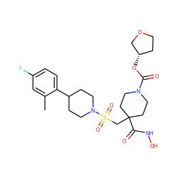 Cc1cc(F)ccc1C1CCN(S(=O)(=O)CC2(C(=O)NO)CCN(C(=O)O[C@H]3CCOC3)CC2)CC1 ZINC000029039878