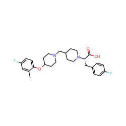 Cc1cc(F)ccc1OC1CCN(CC2CCN([C@@H](Cc3ccc(F)cc3)C(=O)O)CC2)CC1 ZINC000095578458