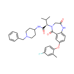 Cc1cc(F)ccc1Oc1ccc2c(c1)C(=O)N([C@@H](C(=O)NC1CCN(Cc3ccccc3)CC1)C(C)C)CC(=O)N2 ZINC000084597189