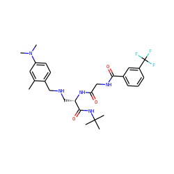 Cc1cc(N(C)C)ccc1CNC[C@H](NC(=O)CNC(=O)c1cccc(C(F)(F)F)c1)C(=O)NC(C)(C)C ZINC000028952414