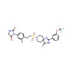 Cc1cc(N2C(=O)CNC2=O)ccc1CCS(=O)(=O)N1CCC2(CC1)N=C(c1cccc(OC(F)(F)F)c1)NC2=O ZINC000114707578