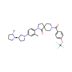 Cc1cc(N2CC[C@@H](N3CCC[C@@H]3C)C2)ccc1N1CCC2(CCN(C(=O)c3ccc(OC(F)(F)F)cc3)CC2)C1=O ZINC000140570242