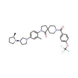 Cc1cc(N2CC[C@@H](N3CCC[C@H]3C)C2)ccc1N1CCC2(CCN(C(=O)c3ccc(OC(F)(F)F)cc3)CC2)C1=O ZINC000140570420