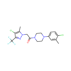 Cc1cc(N2CCN(C(=O)Cn3nc(C(F)(F)F)c(Cl)c3C)CC2)ccc1Cl ZINC000095583862