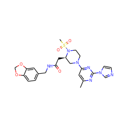 Cc1cc(N2CCN(S(C)(=O)=O)[C@H](CC(=O)NCc3ccc4c(c3)OCO4)C2)nc(-n2ccnc2)n1 ZINC000035275910