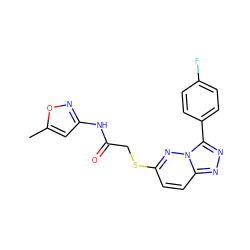 Cc1cc(NC(=O)CSc2ccc3nnc(-c4ccc(F)cc4)n3n2)no1 ZINC000004077006