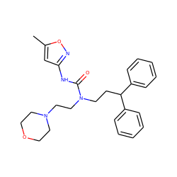 Cc1cc(NC(=O)N(CCC(c2ccccc2)c2ccccc2)CCN2CCOCC2)no1 ZINC000096258231