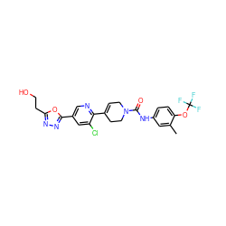 Cc1cc(NC(=O)N2CC=C(c3ncc(-c4nnc(CCO)o4)cc3Cl)CC2)ccc1OC(F)(F)F ZINC000205062949