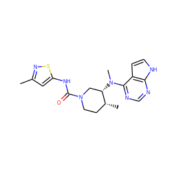 Cc1cc(NC(=O)N2CC[C@@H](C)[C@@H](N(C)c3ncnc4[nH]ccc34)C2)sn1 ZINC000003965916