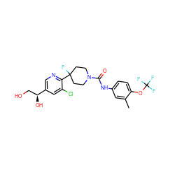 Cc1cc(NC(=O)N2CCC(F)(c3ncc([C@@H](O)CO)cc3Cl)CC2)ccc1OC(F)(F)F ZINC000141071455