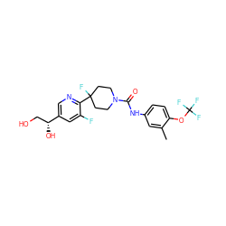 Cc1cc(NC(=O)N2CCC(F)(c3ncc([C@H](O)CO)cc3F)CC2)ccc1OC(F)(F)F ZINC000141065072