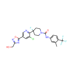 Cc1cc(NC(=O)N2CCC(F)(c3ncc(-c4nc(CO)no4)cc3Cl)CC2)ccc1C(F)(F)F ZINC000149585309