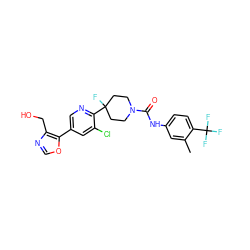 Cc1cc(NC(=O)N2CCC(F)(c3ncc(-c4ocnc4CO)cc3Cl)CC2)ccc1C(F)(F)F ZINC000149151838