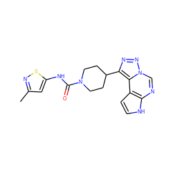 Cc1cc(NC(=O)N2CCC(c3nnn4cnc5[nH]ccc5c34)CC2)sn1 ZINC001772578734