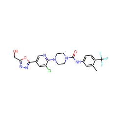 Cc1cc(NC(=O)N2CCN(c3ncc(-c4nnc(CO)o4)cc3Cl)CC2)ccc1C(F)(F)F ZINC000149826350