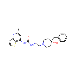 Cc1cc(NC(=O)NCCN2CCC(O)(Cc3ccccc3)CC2)c2sccc2n1 ZINC000220129719