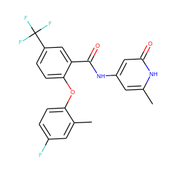 Cc1cc(NC(=O)c2cc(C(F)(F)F)ccc2Oc2ccc(F)cc2C)cc(=O)[nH]1 ZINC000143214779