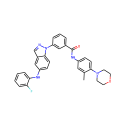 Cc1cc(NC(=O)c2cccc(-n3ncc4cc(Nc5ccccc5F)ccc43)c2)ccc1N1CCOCC1 ZINC000096906414