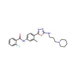 Cc1cc(NC(=O)c2ccccc2F)ccc1-c1nnc(NCCCN2CCCCC2)o1 ZINC000084634044