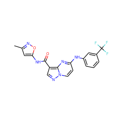 Cc1cc(NC(=O)c2cnn3ccc(Nc4cccc(C(F)(F)F)c4)nc23)on1 ZINC000113751509