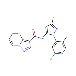 Cc1cc(NC(=O)c2cnn3cccnc23)n(-c2cc(Cl)ccc2C)n1 ZINC000114866505