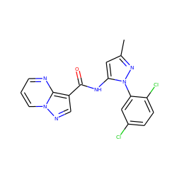 Cc1cc(NC(=O)c2cnn3cccnc23)n(-c2cc(Cl)ccc2Cl)n1 ZINC000168808738