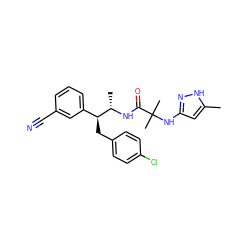 Cc1cc(NC(C)(C)C(=O)N[C@@H](C)[C@@H](Cc2ccc(Cl)cc2)c2cccc(C#N)c2)n[nH]1 ZINC000045317240