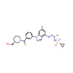 Cc1cc(NC[C@H](C)NS(=O)(=O)C2CC2)c2cnn(-c3cccc(C(=O)N4CCC[C@H](CO)C4)c3)c2c1 ZINC000066074083