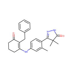 Cc1cc(NC2=C(Cc3ccccc3)C(=O)CCC2)ccc1C1=NNC(=O)C1(C)C ZINC000013587315