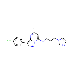 Cc1cc(NCCCn2ccnc2)n2ncc(-c3ccc(Cl)cc3)c2n1 ZINC000008577966
