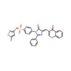 Cc1cc(NS(=O)(=O)c2ccc(N3C(=O)/C(=C/c4coc5ccccc5c4=O)N=C3c3ccccc3)cc2)no1 ZINC000299867752