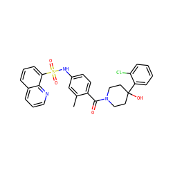 Cc1cc(NS(=O)(=O)c2cccc3cccnc23)ccc1C(=O)N1CCC(O)(c2ccccc2Cl)CC1 ZINC000217631589