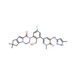 Cc1cc(Nc2cc(-c3cc(F)cc(N4CCn5c(cc6c5CC(C)(C)C6)C4=O)c3CO)cn(C)c2=O)n[nH]1 ZINC000116054985